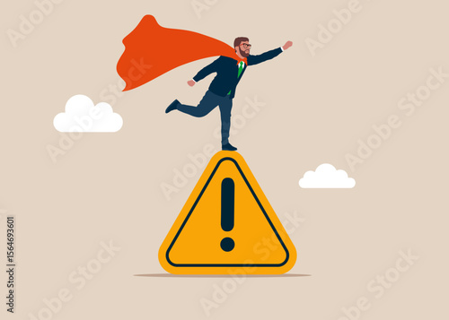 Dreamer  Superhero  stands on on exclamation attention sign. Incident management, root cause analysis or solving problem, identify risk or critical failure concept. Flat vector illustration