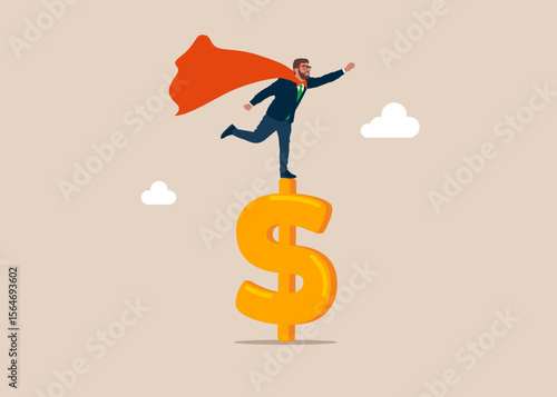 Dreamer  Superhero stands on US Dollar money currency symbol. Opportunities, decisions, new ideas. Business strategy, investment, wealth, management. Vector illustration concept.