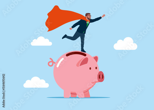 Superhero on piggy bank. Finance, saving money. Best worker, courage. Flat vector illustration