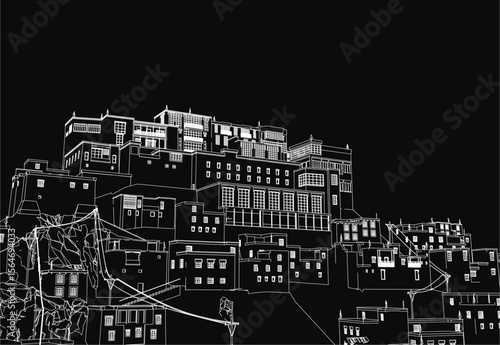 A black and white drawing depicts a ruined city on a hill, with crumbling buildings in the foreground and a dark, moody background. The detailed sketch conveys an eerie, abandoned atmosphere.