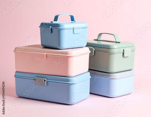 Pastel lunch boxes on pink Background