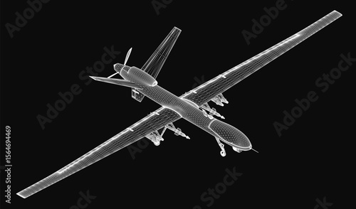 A 3D wireframe model of an unmanned aerial vehicle (UAV) displayed on a black background, highlighting its sleek design and structural details. The drone features a quadcopter frame with visible.