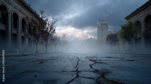 Deserted City Street Scene Foggy Day Empty Road Cracked Asphalt Old Buildings