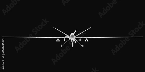 A black and white drawing of an airplane with detailed wingspan, tail, and engines stands out against a stark black background. The high-contrast design emphasizes the aircraft's sleek silhouette.