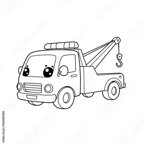 Cartoon-style line art of a tow truck with expressive eyes on the windshield and a rear crane hook, designed in a friendly, kid-friendly style.