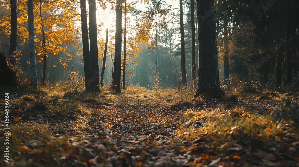 Fototapeta premium Autumn in the woods with a peaceful forest scene