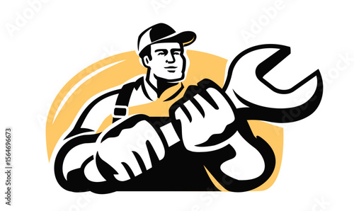 Worker with wrench. Builder, mechanic engineer, technician with working tool. Emblem, symbol construction work