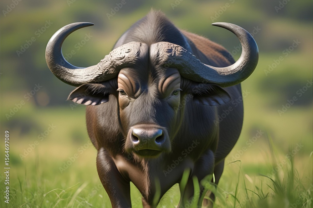Fototapeta premium Powerful African buffalo standing in grassy field