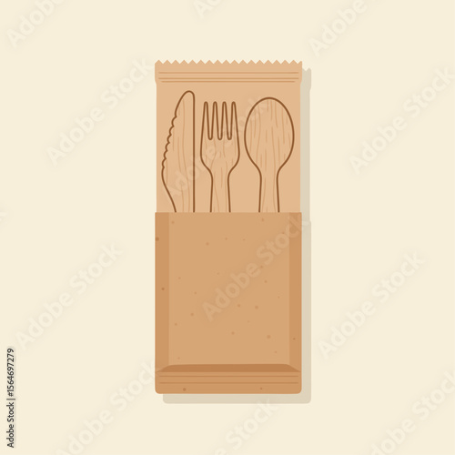 Wooden cutlery set packaged in eco-friendly paper pouch  
