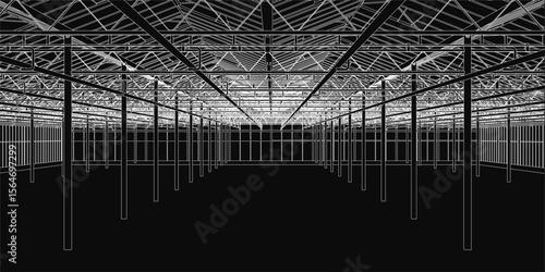 A massive industrial hangar with countless windows and a ceiling of interwoven metal rods creates a striking geometric pattern. The dark background enhances the mysterious and dramatic atmosphere.