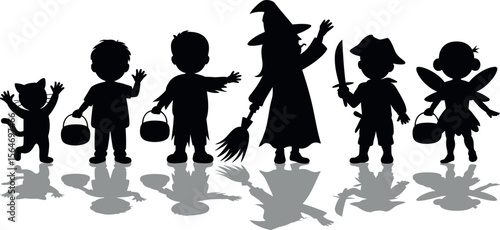 Children in halloween costumes trick or treating with candy buckets silhouette