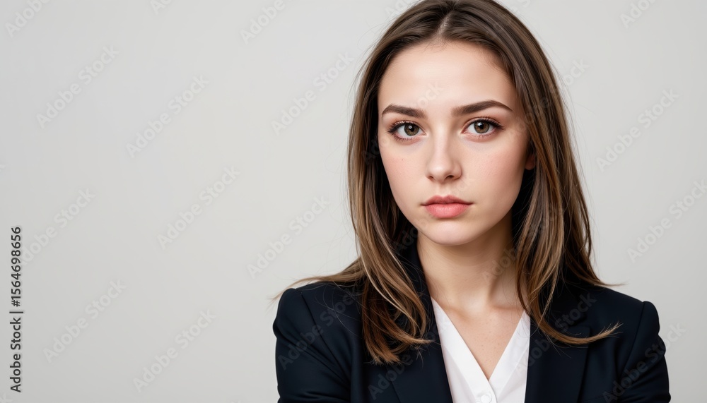 Professional Female with Brown Hair in Formal Attire Against Neutral Background Professional Female with Brown Hair in Formal Attire Against Neutral Background