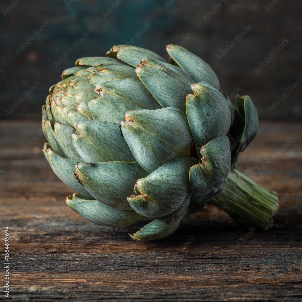 Obraz premium Fresh artichoke presented on a wooden surface, showcasing its intricate details