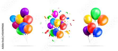 Three sets of colorful vibrant latex party balloons for celebration. Isolated 3d cartoon render of festive decorations with floating confetti.