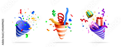 Set of 3D party poppers with exploding confetti, colorful ribbons, gift boxes, and festive elements for celebration design.