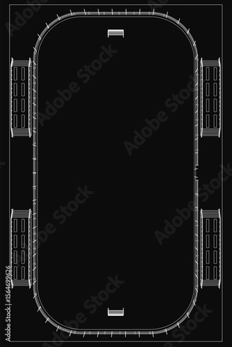 A detailed blueprint of a modern hockey stadium with numerous windows, showcasing the architectural floor plan. The design highlights spacious corridors, seating arrangements.
