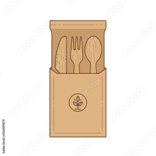 Vector icon of eco-friendly cutlery pack, wooden knife, fork, and spoon in paper wrap