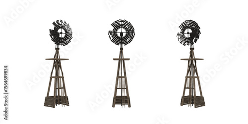 Old wild west wooden windmill water pump tower. Set of 3D renders from 3 angles.