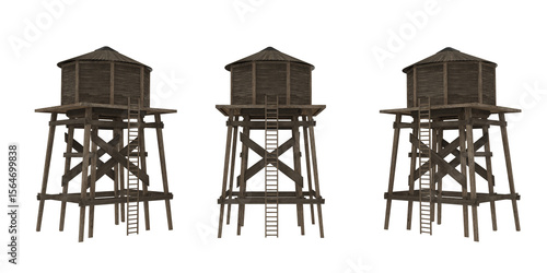 Old wooden water tower. Isolated 3D render from 3 angles.