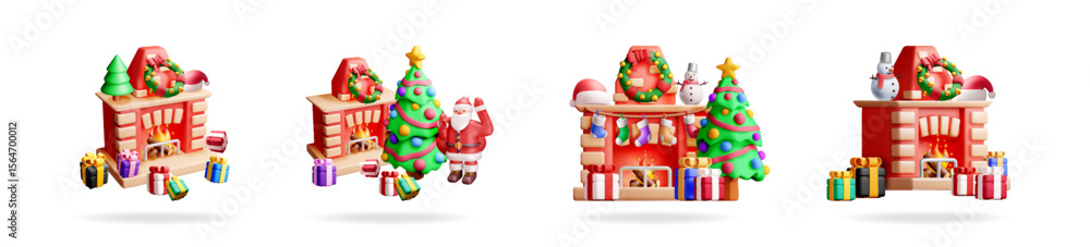 Naklejka premium Cute 3d christmas fireplace, snowman, santa claus, tree, wreath, giftbox. Set of bright festive elements for new year card or celebration season.