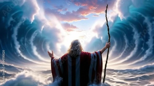 Moses parting the red sea bible scene concept. Religious theme.
