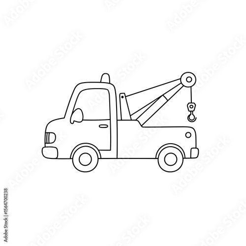 Simple black-and-white line art of a tow truck with a rear crane hook, shown in profile view.