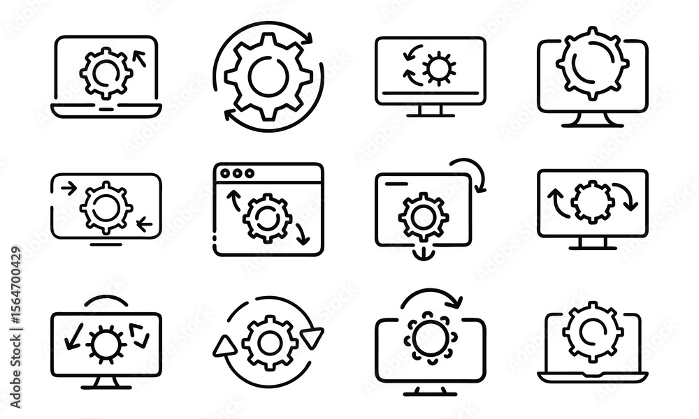 Fototapeta premium Collection of 24 Minimal Technology Line Icons Featuring Gadgets, Electronics, Devices, Computers, Smartphones, Wearables, and Digital Accessories for Modern Tech Design