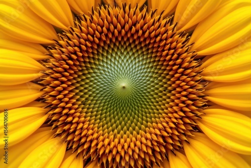 close up of a sunflower center, revealing spiral seed patterns and rich yellow orange hues with high clarity and contrast.