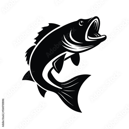 Jumping bass fish open mouth black silhouette vector illustration