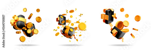 Set of 3D wallet illustrations with golden coins and confetti. Abstract financial concept for online payment, lucky win, bonus credit, or cashback.