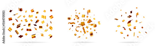 Abstract set of three golden falling confetti elements. Gold explosion in the air for holiday celebration. 3d stock vector illustration collection for background.