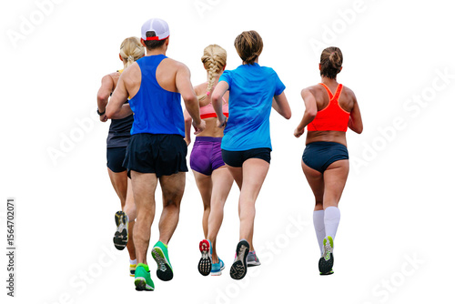 mixed group runners athletes running marathon cut-out figure on transparent background