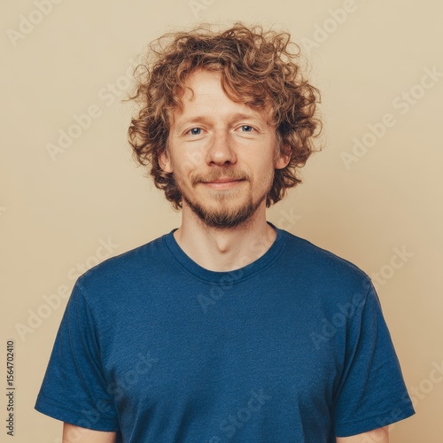 Wallpaper Mural portrait of soft smiling european man 30 years old in blue t-shirt with curly hair on beige background Torontodigital.ca