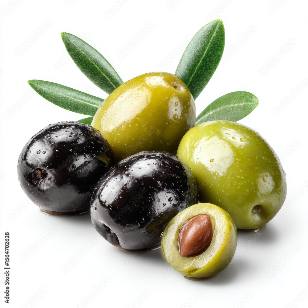 Obraz premium Black and green olives on a white background with leaves
