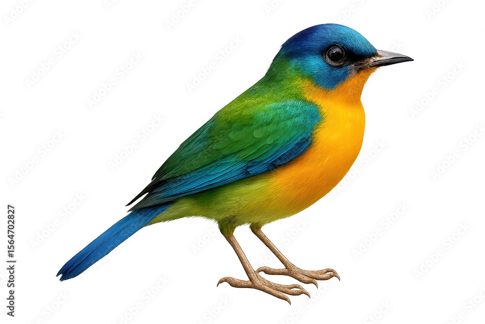 Fototapeta premium Orange-bellied flowerpecker with blue head and colorful feathers standing on transparent background