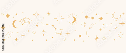 Mystical celestial border divider with stars, moons, and sparkles. Elegant golden ornament set for tarot, magic, and spiritual designs.