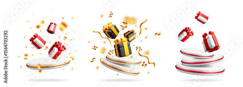 Realistic set of 3d gift box presentation podium with confetti. Festive shopping promotion stand. Holiday surprise for event celebration.