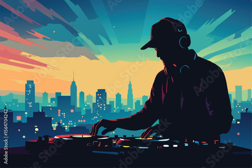 Dj playing at the nightclub with cityscape background, vector illustration