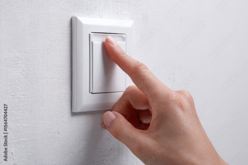 Central European Female Hand Operating a Light Switch - Turning Lights On or Off. Central European Female Hand Operating a Light Switch - Turning Lights On or Off.