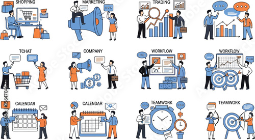 Business strategy marketing teamwork and trading vector illustration set