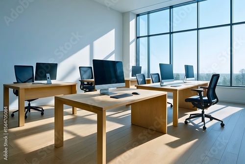 Wallpaper Mural Modern open office interior with wooden desks and computers in bright natural daylight Torontodigital.ca