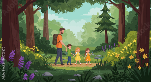 Cartoon Family Hiking in Forest Father Son and Two Daughters Walking Together.