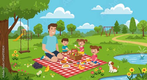 Cartoon father and children enjoying a picnic on a red checkered blanket.