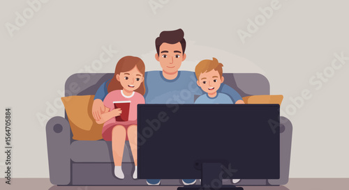 Cartoon Father and Children Watching TV on Couch with Drink.