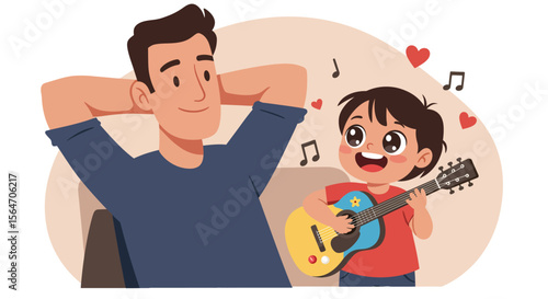 Cartoon Father Relaxing While Son Plays Colorful Guitar with Musical Notes.