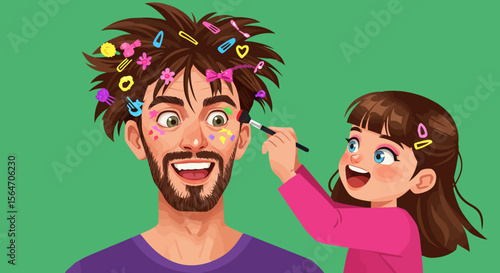 Cartoon Father with Beard Hair Clips and Colorful Makeup Smiling Widely.