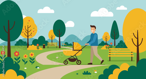 Cartoon Man Pushing Yellow Baby Stroller in Park Flat Vector Illustration.