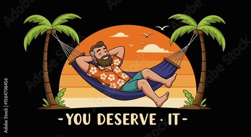 Cartoon man relaxing in a hammock between palm trees at sunset.