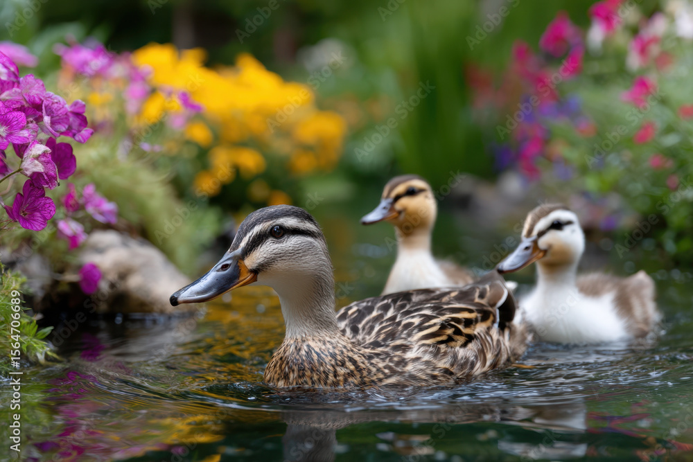 Ducks swimming in a tranquil garden pond surrounded by vibrant flowers and greenery Ducks swimming in a tranquil garden pond surrounded by vibrant flowers and greenery