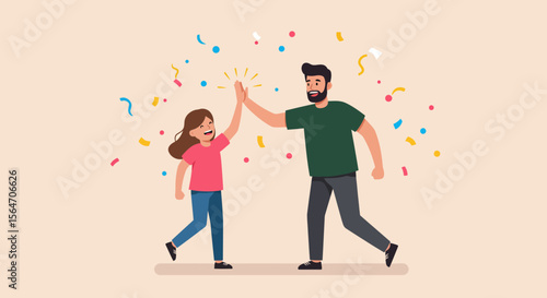 Cheerful Father and Daughter HighFive Celebration with Confetti Illustration.